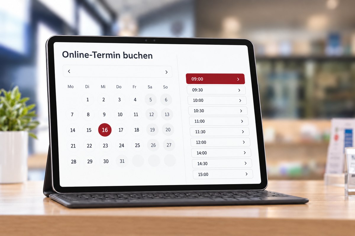 Online-Terminkalender mit ausgewähltem Tag und buchbaren Uhrzeiten