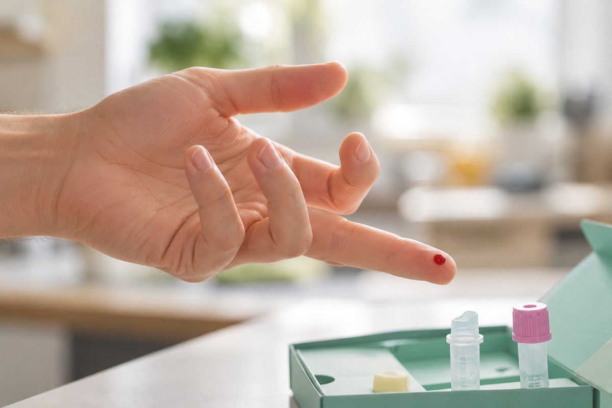 Handfläche nach oben mit kleinem Blutstropfen am Finger über einem geöffneten Testset
